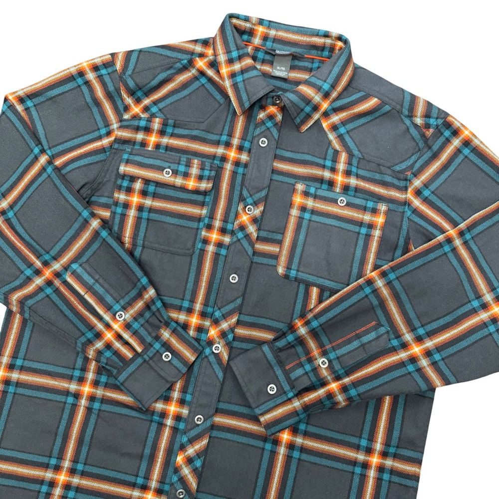 Outdoor Research Feedback Flannel Shirt Mens XL Gray Teal Orange Plaid 242862